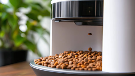 A close-up of an automatic pet feeder with kibble spilling out, highlighting the dispensing feature.の素材