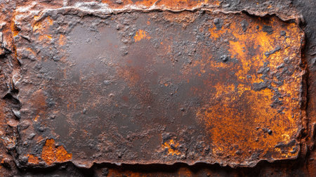 A close-up of an old iron plate with rough textures, visible oxidation, and deep rust patches.の素材