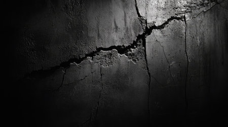 A close-up of a cracked cement wall with deep fractures and rough texture, creating an aged and weathered background. Subtle shadows enhance the rugged appearance.の素材