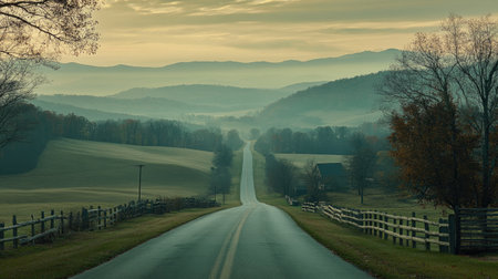 A long, empty road leading into the horizon with mountains and hills in the background.の素材