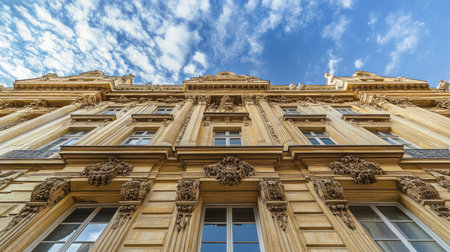 A historic building with an ornate stone faade and empty sky above, offering a majestic view.の素材