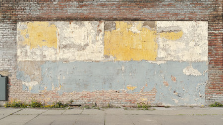 A large, industrial building wall with a faded paint layer and exposed brick texture.の素材