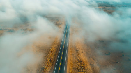 A lonely road running through a foggy landscape with the road disappearing into the mist.の素材