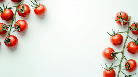 A group of fresh cherry tomatoes on a vine, placed on a white background.の素材