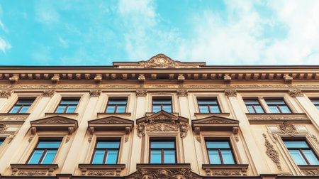 A historic building with an ornate stone faade and empty sky above, offering a majestic view.の素材
