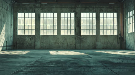 A large concrete building with small, evenly spaced windows and a blank backdrop.の素材