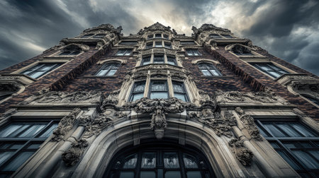 A historic building with an ornate stone faade and empty sky above, offering a majestic view.の素材