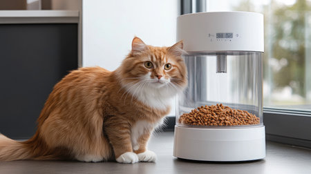 A modern automatic cat feeder with a transparent food storage container, showcasing a high-tech design.の素材