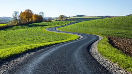 A long, winding road through a countryside landscape with green fields on either side and clear blue sky above.の素材