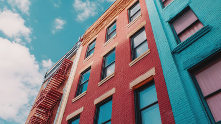 A retro-style brick building with vintage windows and worn paint, offering an urban feel.の素材