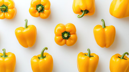 Bright yellow bell peppers arranged on a clean white background, minimal design.の素材