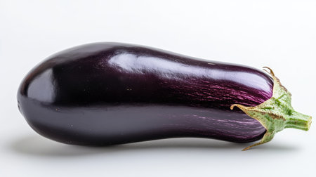 A whole purple eggplant with a smooth surface, placed on a white background.の素材