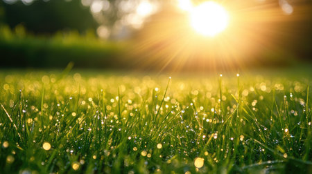 A slightly damp grass field with tiny morning dew droplets glistening in the sunlight.の素材