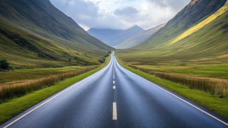 A scenic highway road surrounded by mountains and valleys, with empty space above the road for text.の素材