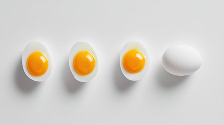 Boiled eggs, whole and halved, bright yellow yolks, isolated on white background.の素材