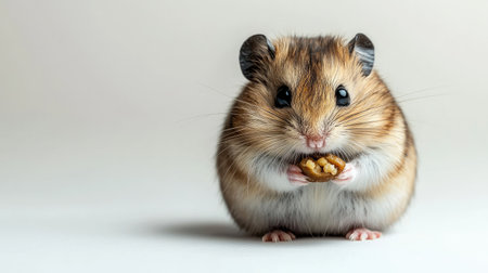 Chubby hamster holding food, adorable and fluffy, isolated on white background.の素材