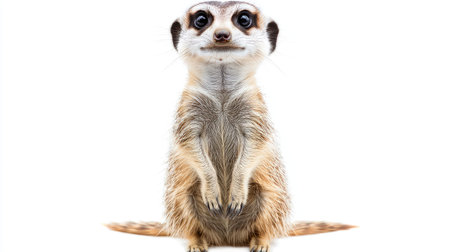 Little meerkat standing up, curious expression, isolated on white background.の素材