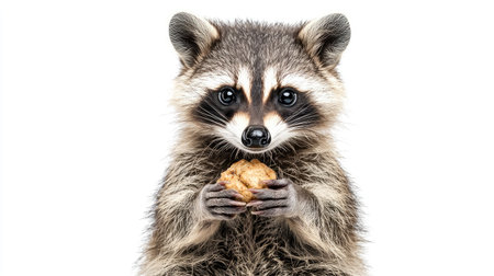 Little raccoon sitting, holding food with tiny paws, isolated on white background.の素材