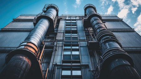 The back side of a tall, industrial building with exposed pipes and a muted gray color.の素材