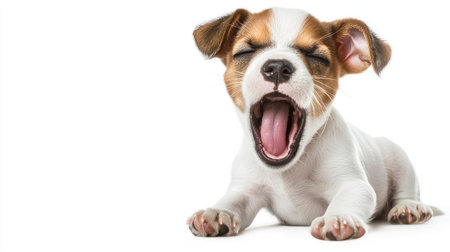Tiny puppy yawning, mouth wide open, looking sleepy, isolated on white background.の素材