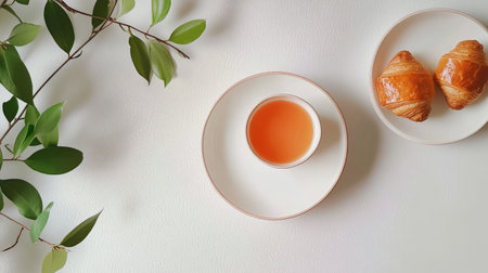 A minimalist breakfast setting with almond croissants, fresh juice, and a modern ceramic plate, shot top-down.の素材