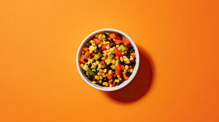 A summer corn salad with black beans, diced bell peppers, and lime dressing, placed in a white bowl.の素材