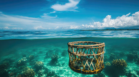 A traditional wooden fishing trap submerged in clear ocean waters, designed to catch fish selectively and prevent overfishing.の素材