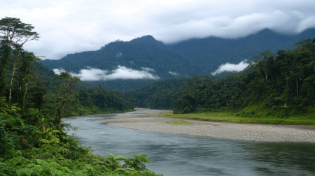 A lush riparian zone along a clean river, preventing soil erosion.の素材