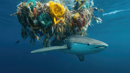 A whale shark swimming near a sustainable fishing area, representing coexistence between marine life and ethical fisheries.の素材