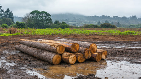 A sustainable logging site with replanting efforts visible in the background.の素材