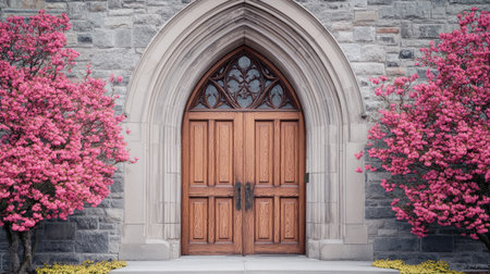 A historic church faade with intricate stonework and a large arched wooden door, framed by spring flowers.の素材
