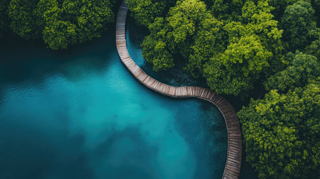 A scenic winding boardwalk through a dense mangrove forest, promoting eco-tourism.の素材