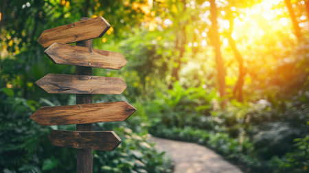 A rustic wooden signpost pointing towards eco-travel destinations in a national park.の素材