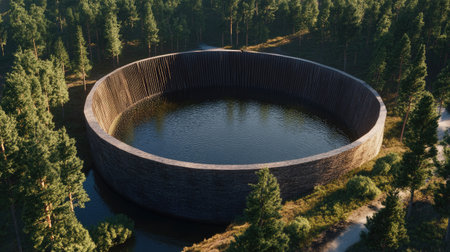 A water conservation reservoir with a surrounding forest, acting as a natural filter.の素材