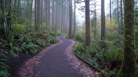 A misty morning in a dense forest with a winding nature trail.の素材