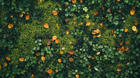 A vibrant green forest floor covered with fallen leaves and small saplings.の素材
