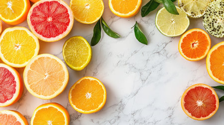 Juicy citrus fruits, sliced and whole, arranged on a white marble surface with room for text or design.の素材