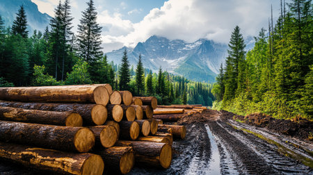 A sustainable logging site with replanting efforts visible in the background.の素材