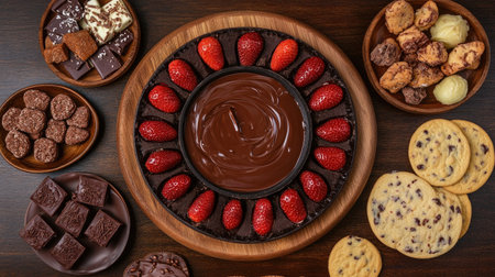 A top view of a chocolate fondue setup with melted chocolate in the center, surrounded by fruit slices and cookies, with ample copy spaceの素材