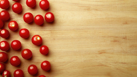 Fresh red tomatoes scattered across a wooden surface, showcasing their bright color and texture, with copy space for recipe ideasの素材