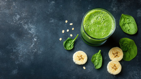 Green smoothie in a glass with spinach leaves and banana slices nearby, leaving open space.の素材
