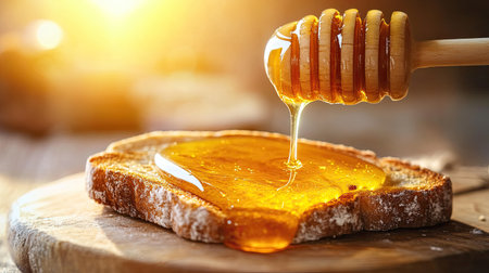A close-up of honey drizzling over a fresh slice of toast with a warm golden glow, symbolizing nourishment and energyの素材