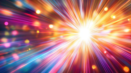 A light burst graphic background with rays of colors fanning outward, creating ample space for your message.の素材