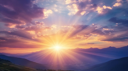 A dreamy sunset sky with warm golden light fading into soft purples and blues.の素材