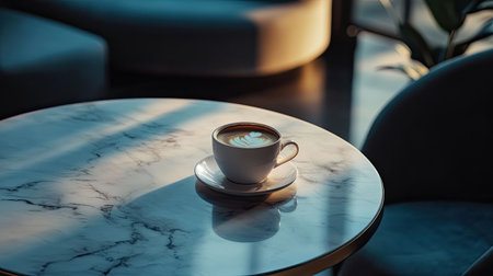 A coffee cup placed on a round marble table in a stylish modern caf with soft lighting.の素材