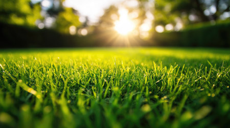 Bright green grass with soft lighting, smooth texture, and a fresh outdoor atmosphere.の素材