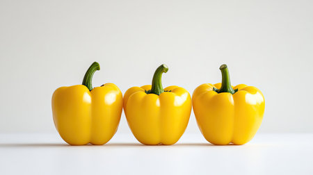 Bright yellow bell peppers arranged on a clean white background, minimal design.の素材