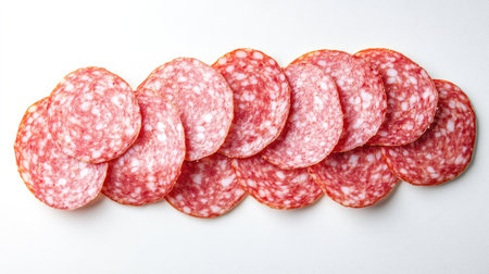 Sliced salami pieces with marbled fat pattern, fanned out on a white background.の素材