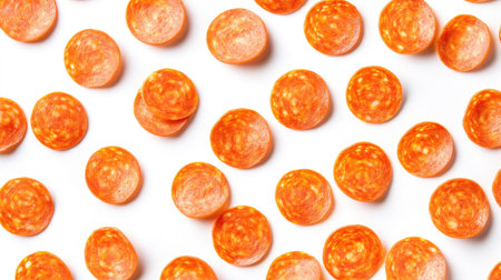 Thinly sliced pepperoni rounds in a scattered pattern on a white background.の素材