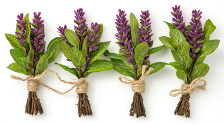 Lavender sprigs tied with twine, fragrant purple flowers, isolated on white background.の素材